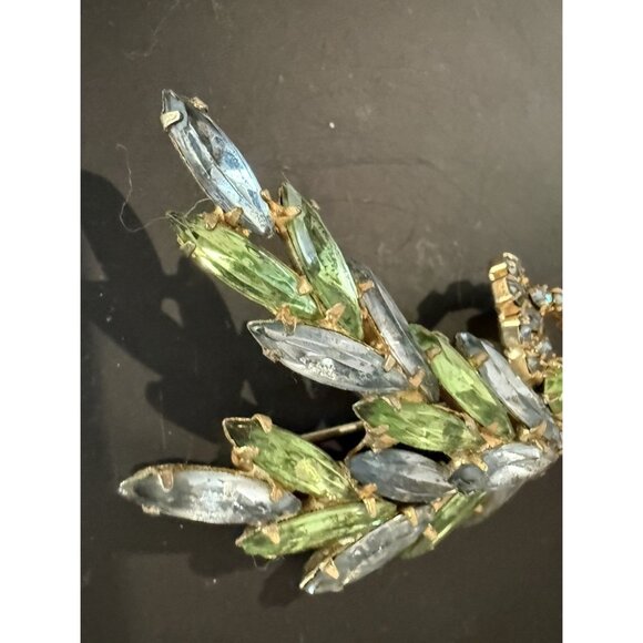 Vintage Brooch  Faux Rhinestone Pin Green and Blue  2.5” - Picture 3 of 6